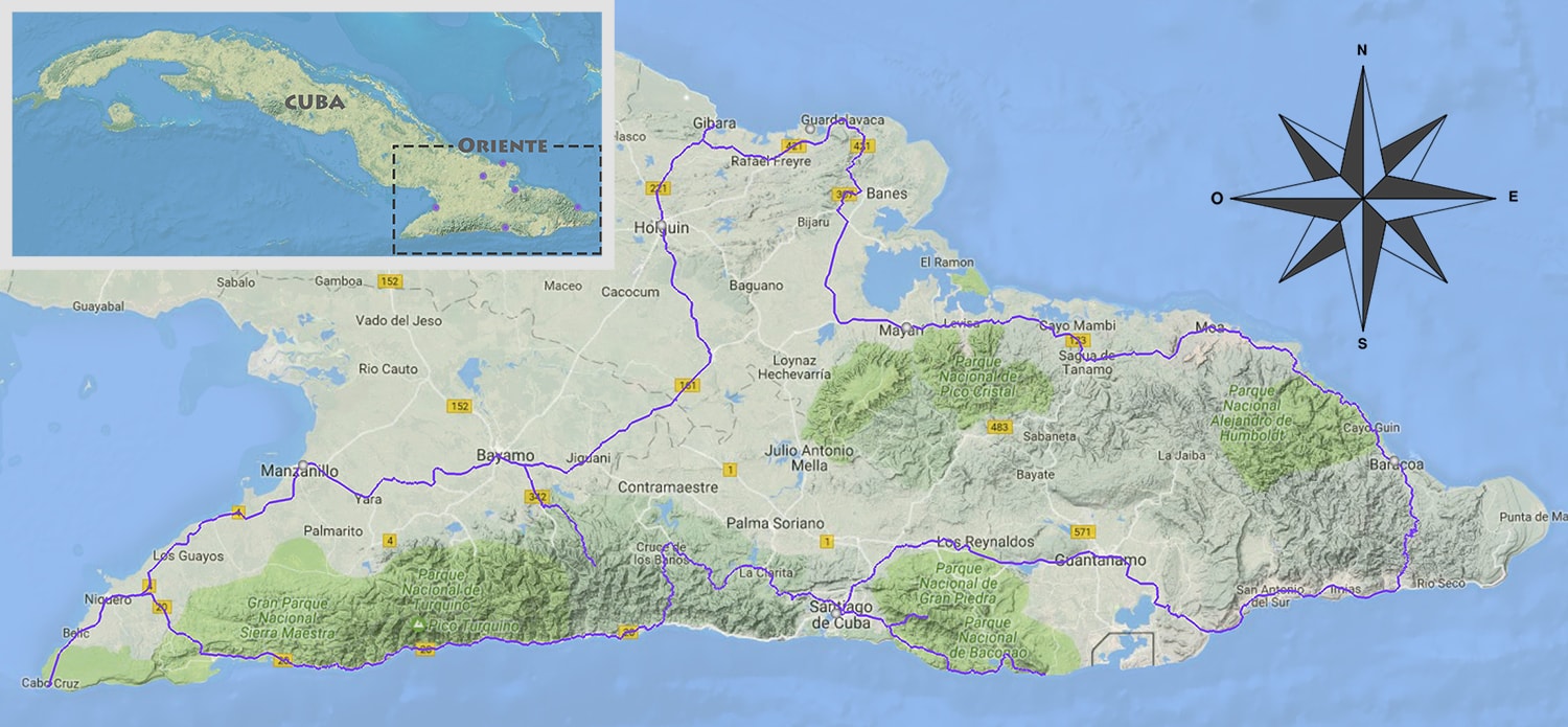 Cycling route through eastern Cuba